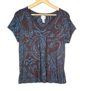 Chicos Blue Brown Scroll Print Top Size 2 Textured Stretch Casual Chic